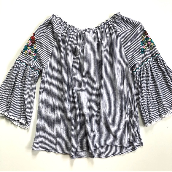 Francesca’s Blue & White Striped Embroidered Off The Shoulder Top - Picture 5 of 9